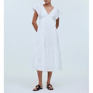NWT Madewell Tie-Back Flutter Sleeve Tiered Cottagecore Midi Dress White Size 0